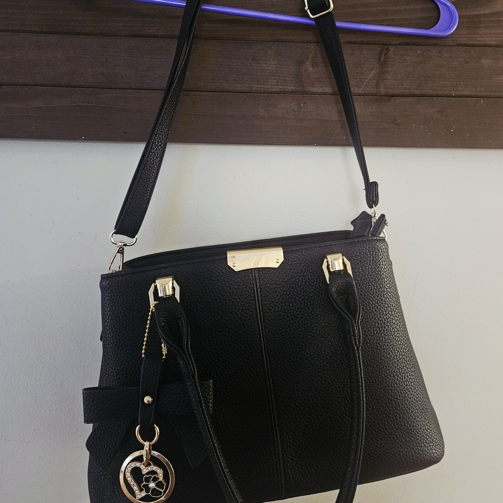 Black Pebbled Tote Handbag with Gold Accents